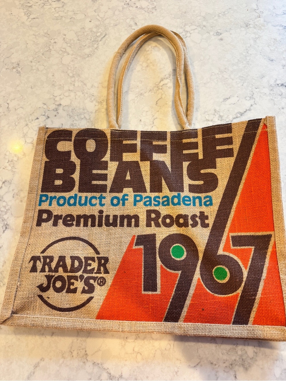 Trader Joe’s 1967 Coffee Beans Pasadena Jute Burlap Tote Bag Retro Grocery